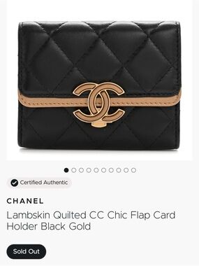 VINTAGE CHANEL Black Quilted Lambskin Card Holder with Gold CC and Tan Trim